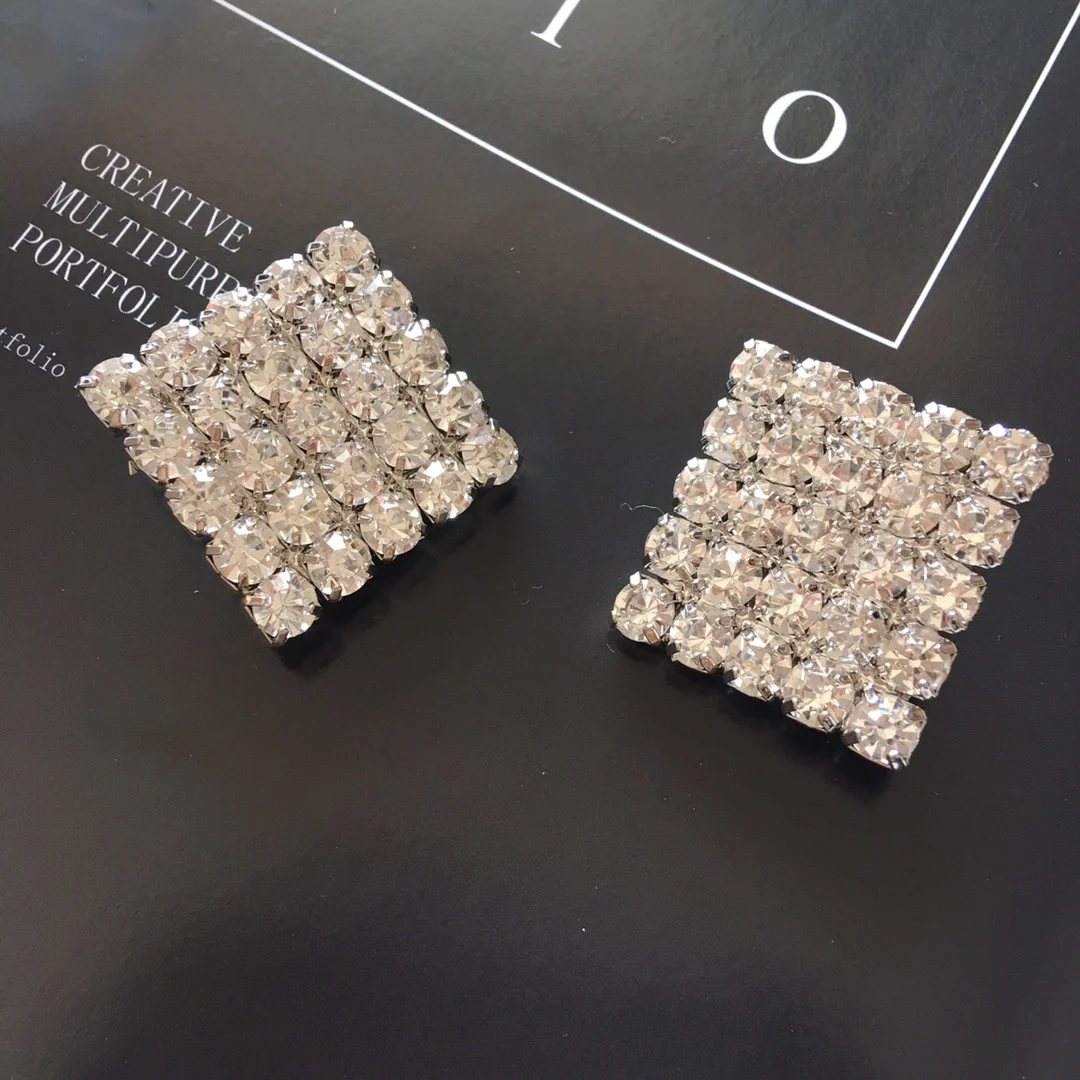 

2022AR Fashion Jewelry Banquet Party Silver Square Full of Diamonds Sparkles Women's Earrings