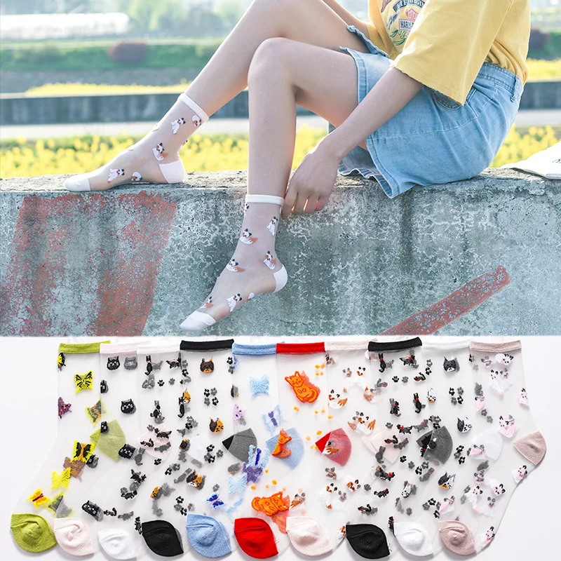 

High Quality Crystal Silk Socks Summer Ultra-thin Transparent Socks Women's Cartoon Print Harajuku Japanese Kawaii Cute Socks