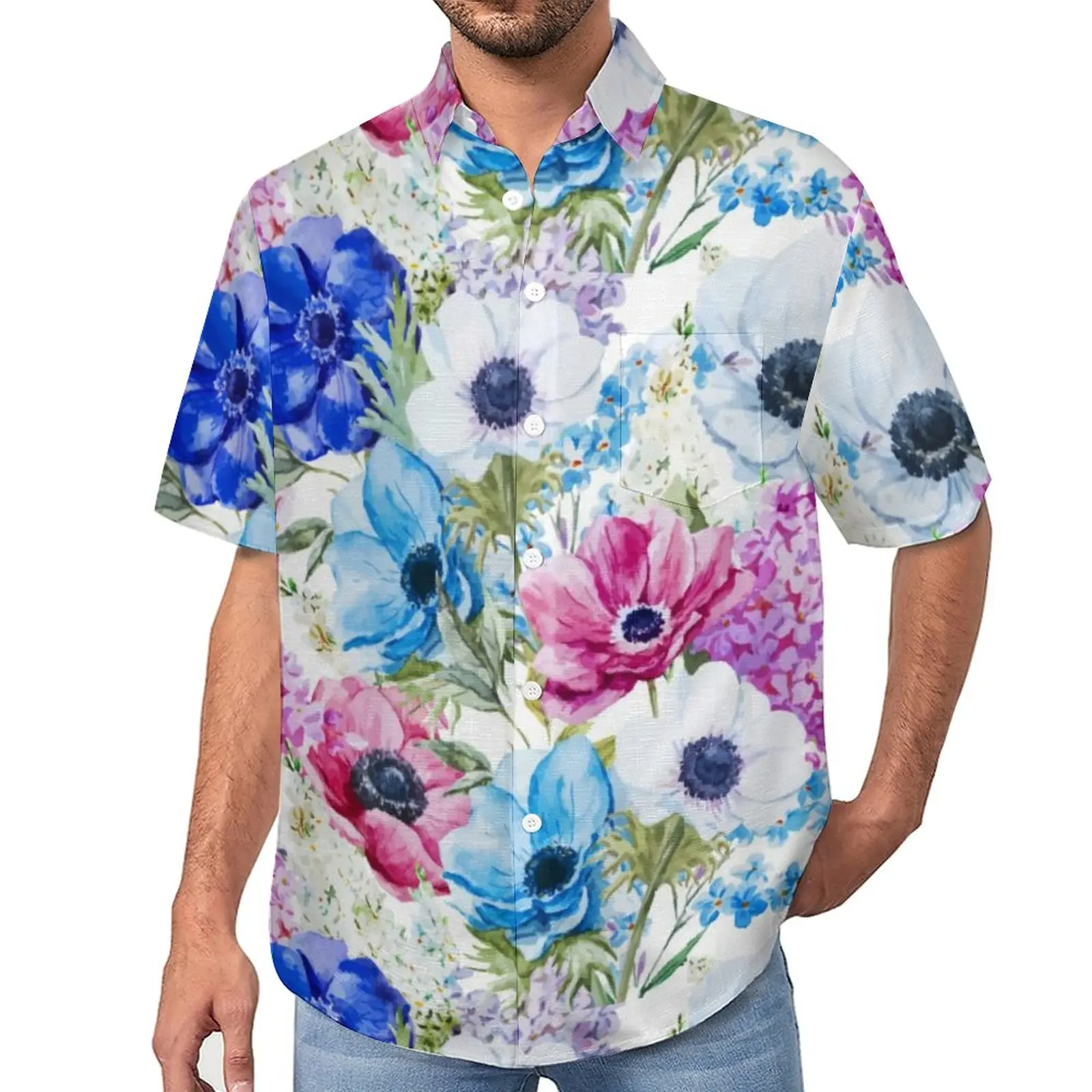 

Watercolor Flower Blouses Man Midnight Floral Print Casual Shirts Hawaiian Short Sleeve Design Fashion Oversized Vacation Shirt