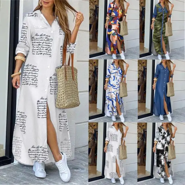 

2020 Cross-Border Hot Selling EBay New European and American Spring and Summer Fashion Sexy Shirt Maxi Dress Women