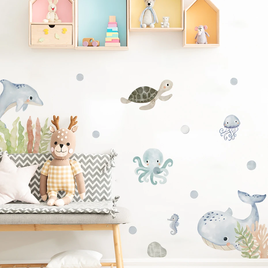 

Cartoon Cute Marine Life Dolphin Whale Seaweed Nursery Wall Decals Watercolor Kids Room Girls Bedroom Sticker Home Decor