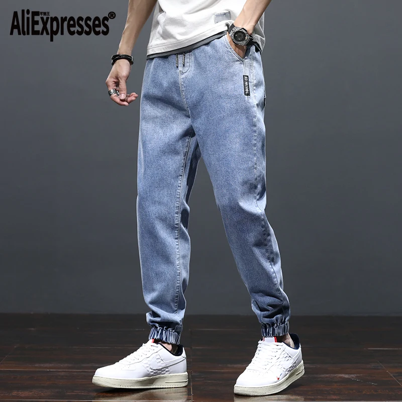

AliExpress новые корейские весенние черные синие джинсы-карго мужские уличные джинсовые брюки Джоггеры мужские мешковатые джинсовые брюки-султ...