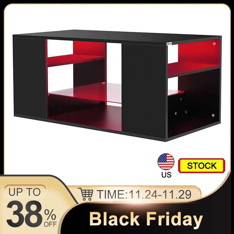 

Hommpa LED Coffee Tables for Living Room Modern Black with 3 Shelves Glass Storage Center Table Cocktail Table with 16 Colors US