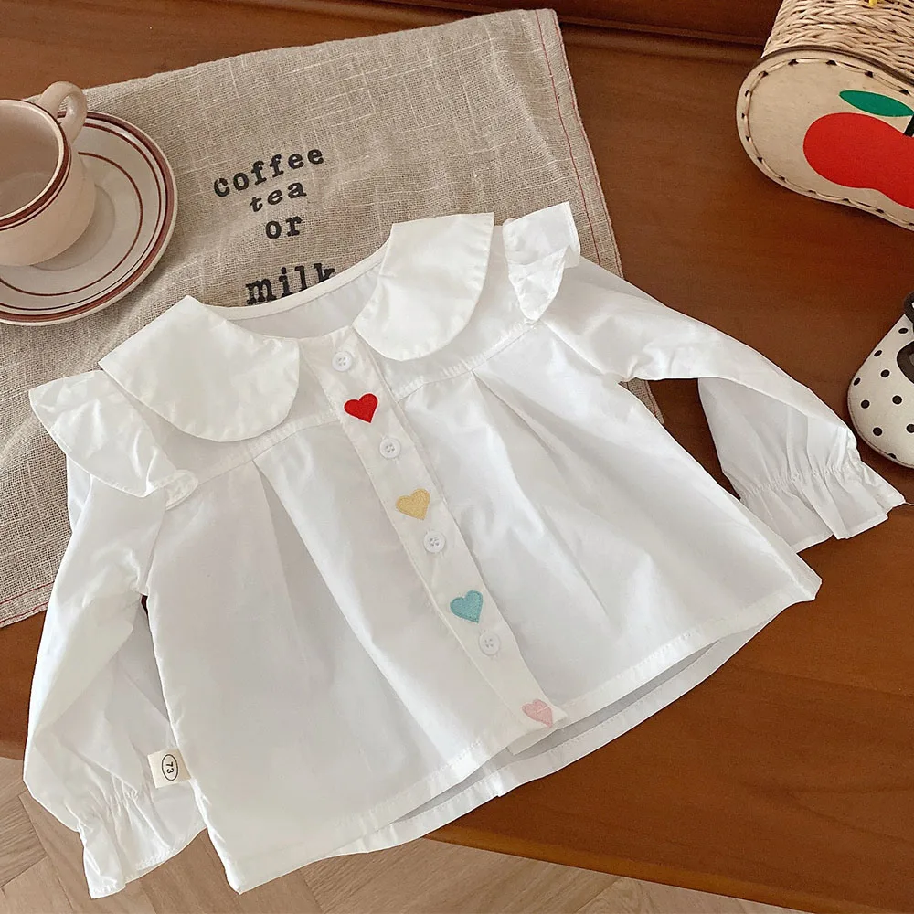 

Toddler Girl Stylish Shirts Cotton Peter Pan Collar White Color Spring Autumn Kids Clothes Children Long Sleeve Blouse