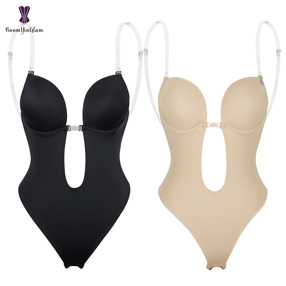 

Deep V-Neck Body Shaper Women B Backless U Plunge Thong Shapers Bodysuit Shapewear Trainer Clear Strap Padded Push Up Corset