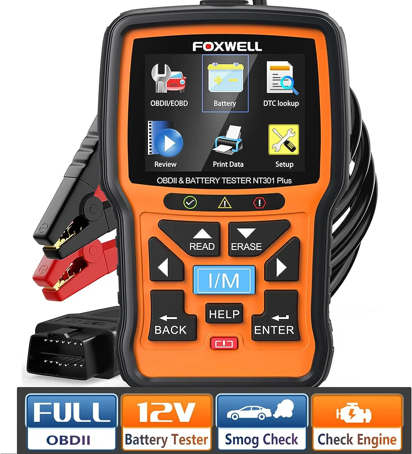

FOXWELL NT301 Plus OBD2 Scanner Tester 12V, 4 in1 Check Engine Code Reader Scan 100-2000 CCA Charging Cranking Test, EVAP Liv