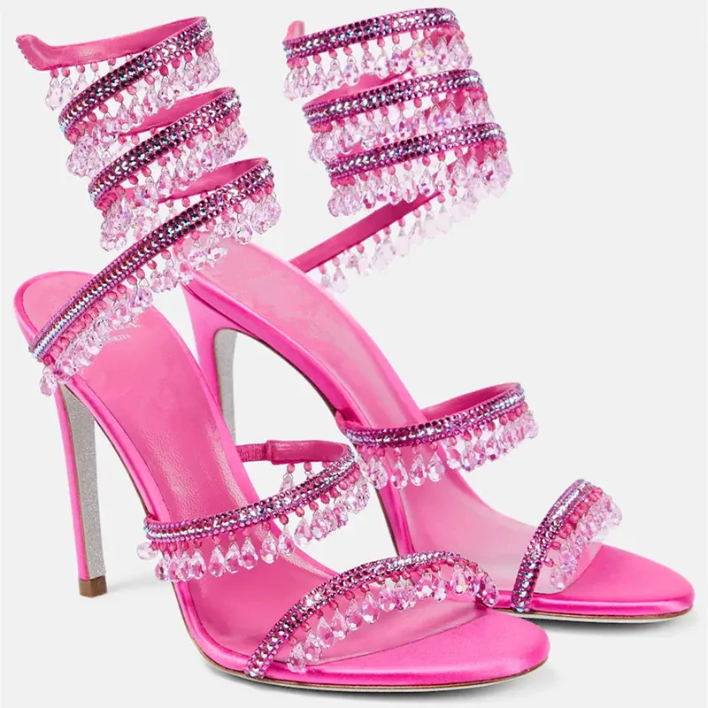 Snakelike Rhinestone Women High Heels Sandals Summer Thin Heel Open Toe Wedding Bridals Shoes Fashion Ankle Twine Ladies Pumps