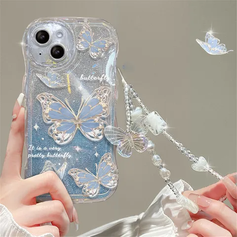 Роскошный блестящий чехол для телефона с серебряной бабочкой для iphone 13 12 11 14 Pro Max 14 Plus, силиконовый чехол с ручной цепочкой, милые Чехлы для девочек