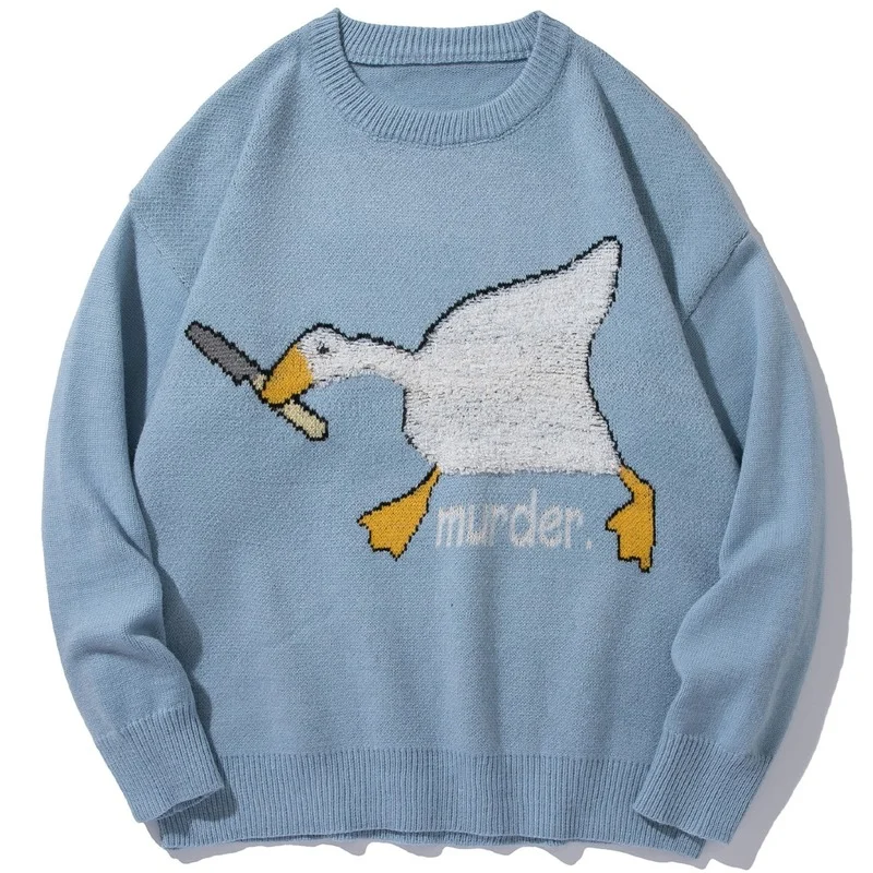 2022 Winter Goose Duck Cartoon Printed Harajuku Korean Style Men Knitted Sweater Murder Oversize Pullovers Unisex Clothing cute