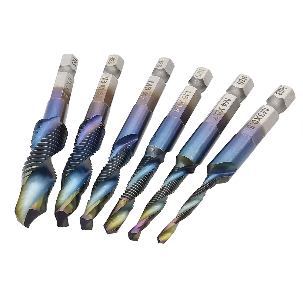 6Pcs Titanium Plated Drill Tap HSS Screw Thread Metric Hex Shank Tapping Bit Tool M3 M4 M5 M6 M8 M10 |