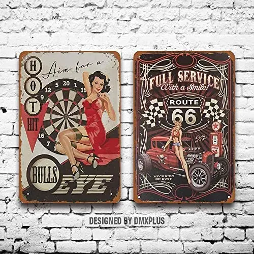 

Metal Sign (Set of 2) Tin Signs 1 Route 66 Full Service with a Smile Sexy Pinup Girl Vintage Look Wall Decoration Home Decor