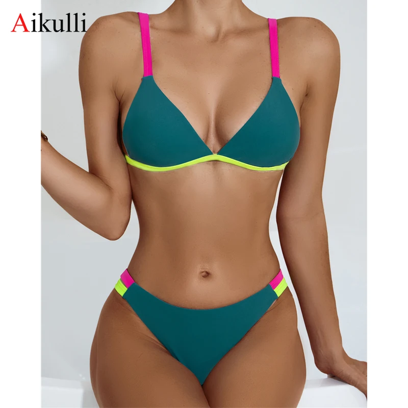 

Sexy V-Neck Bikinis Swimsuit Women's 2022 New Solid Color Stitching Two-Piece Swimwear Summer Woman Beachwear Bathing Suits Swim