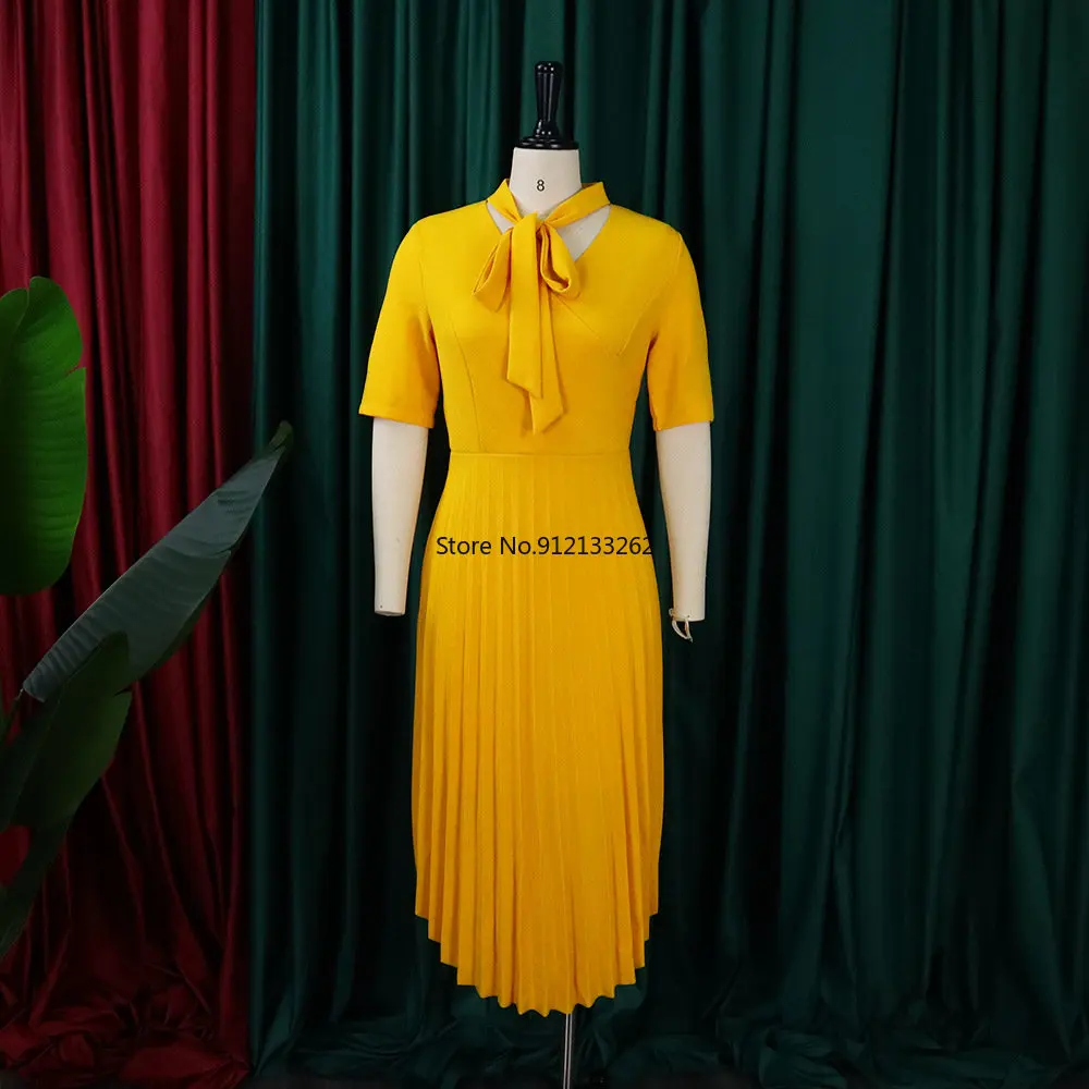 

Summer Elegant African Women Short Sleeve V-neck Polyester White Yellow Red Pleated Dress Dashiki African Dresses for Women