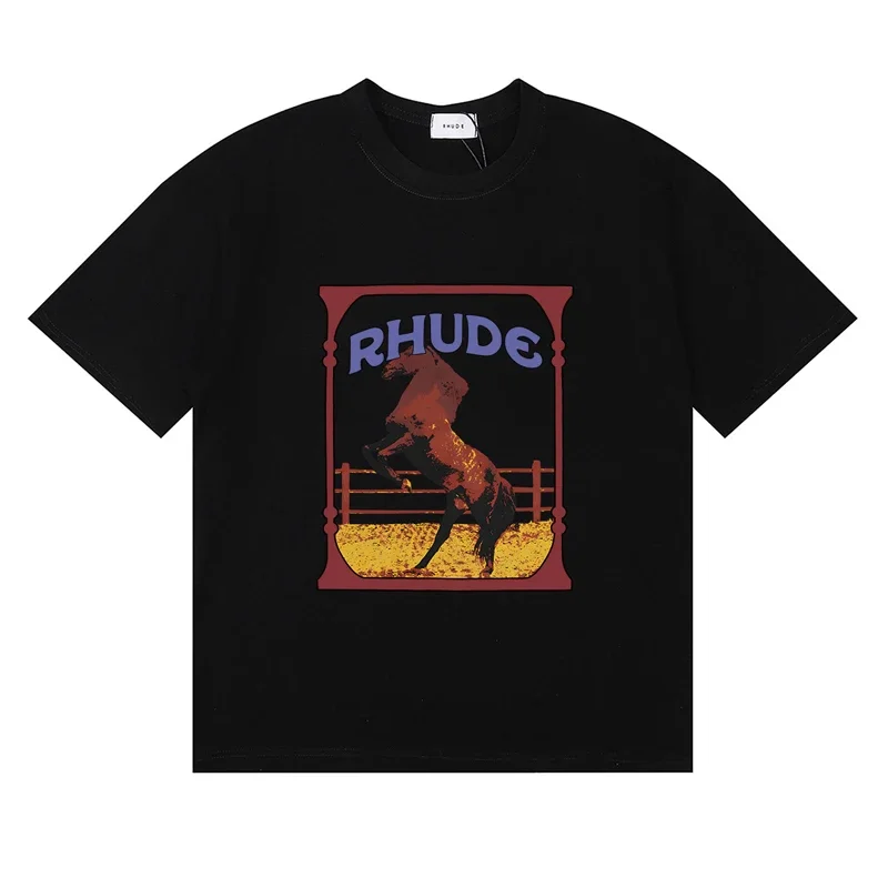 Фото Футболка Rhude, высококачественная повседневная мужская одежда с коротким рукавом и принтом логотипа, футболки в уличном стиле №3