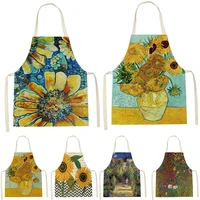 sunflower plant print oil painting yellow plant sleeveless apron kitchen pinafore women home cooking baking waist anti greasy