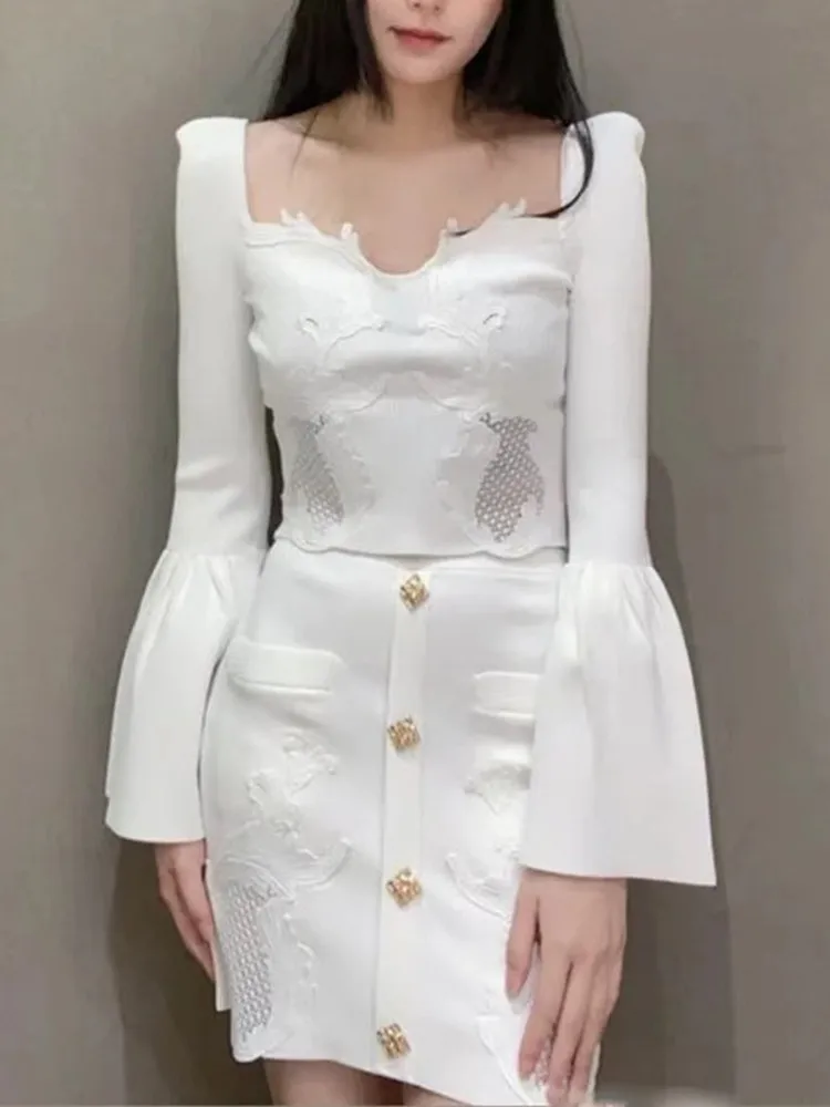 

Lace Hollow out Embroidery Knit Suit Women Elastic Waist A-line Mini Skirt or Square Collar Long Flared Sleeve Short Sweater
