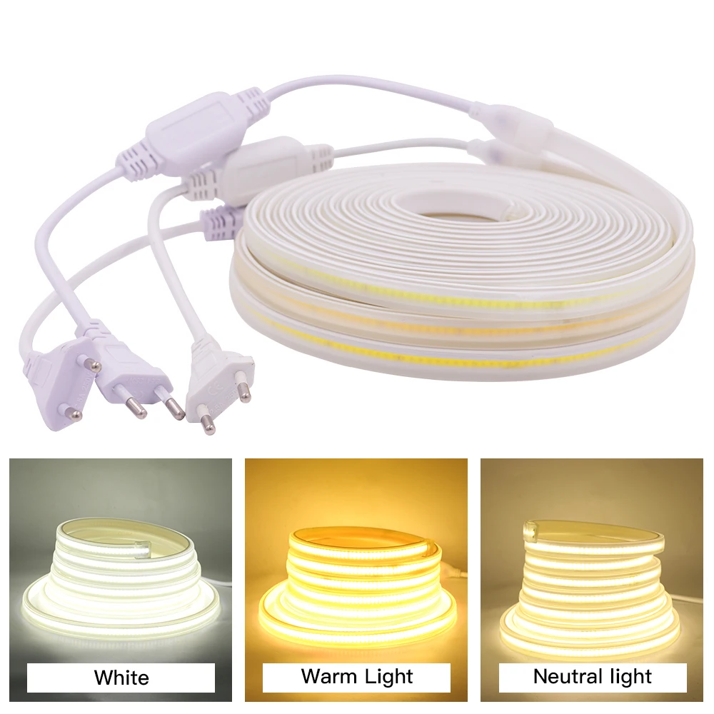 

220V COB LED Strip Light High Density 288LEDs Flexible CRI90 Linear Lighting IP67 Waterproof Tape Diode Rope Ribbon Lamp EU Plug