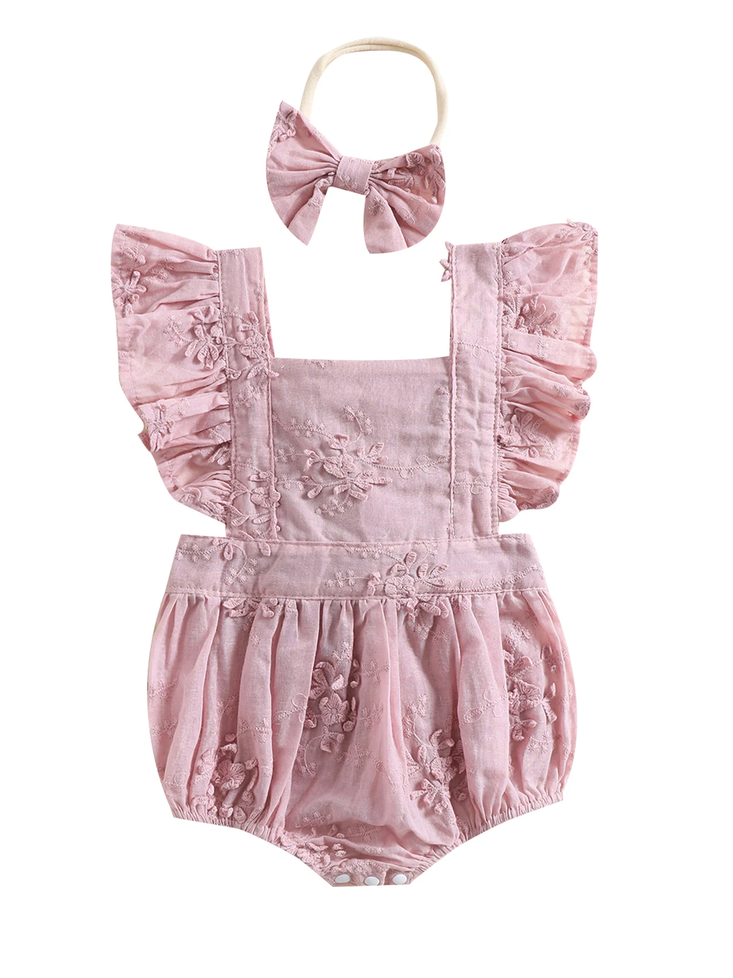 

Adorable Infant Girl s Backless Romper with Square Neckline Fly Sleeves Lace Tie-Up and Snap Triangle - Perfect for Summer