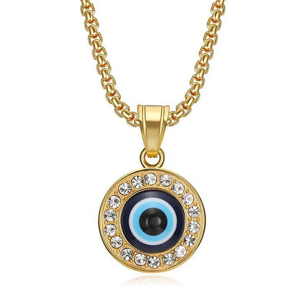 

Hip Hop Iced Out CZ Evil Eye Pendant Female Gold Color Stainless Steel Round Eye Necklace For Women Jewelry High Quality