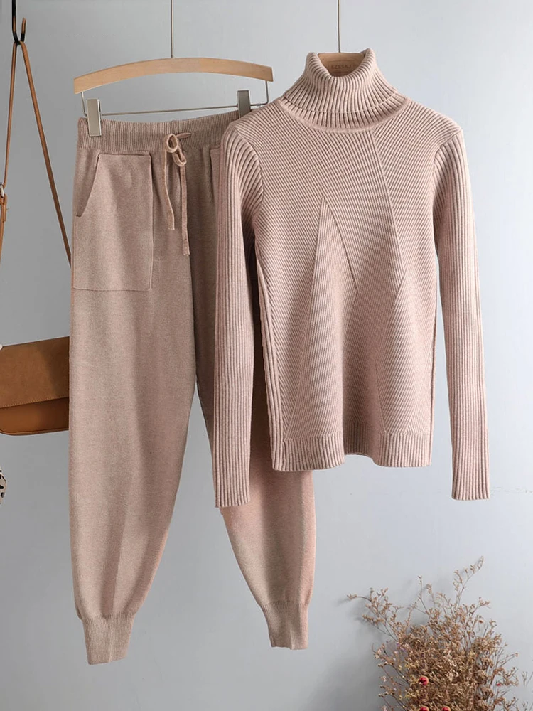 

Fitshinling Winter Turtleneck Sweater Pants Tracksuit For Women Matching Sets Knitwear Fashion New Two Pieces Set Outfits Female