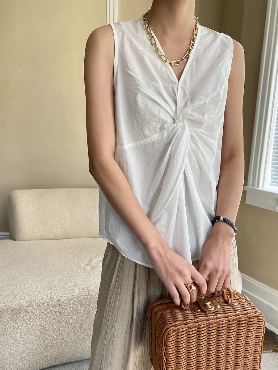 

White Color Women Blouse Tees Summer Loose Shirring Ruched Elegant Lady Tops Shirt