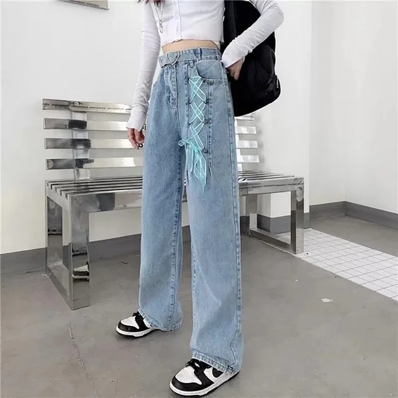 Korean Style Binding Baggy Jeans For Women Summer Commuting Trousers Y2k Streetwear High Waist Wide-leg Fashion Women's Pants