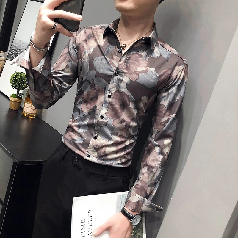 Brand Floral Print Men Shirt Autumn Long Sleeve Business Dress Formal Dress Shirts 2021 Slim Social Casual Shirt Chemise Hombre