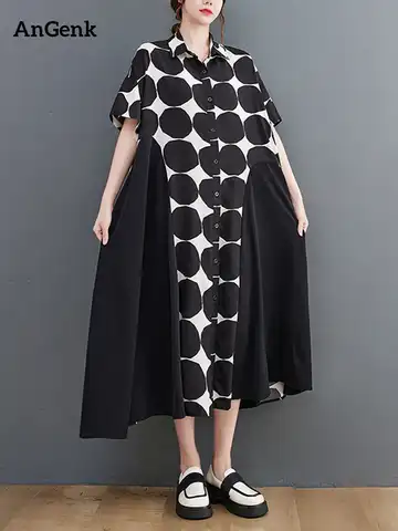 Patchwork Black Polka Dot Shirt Dresses For Women New Short Sleeve Loose Casual Vintage Summer Long Dress Elegant Clothing 2022