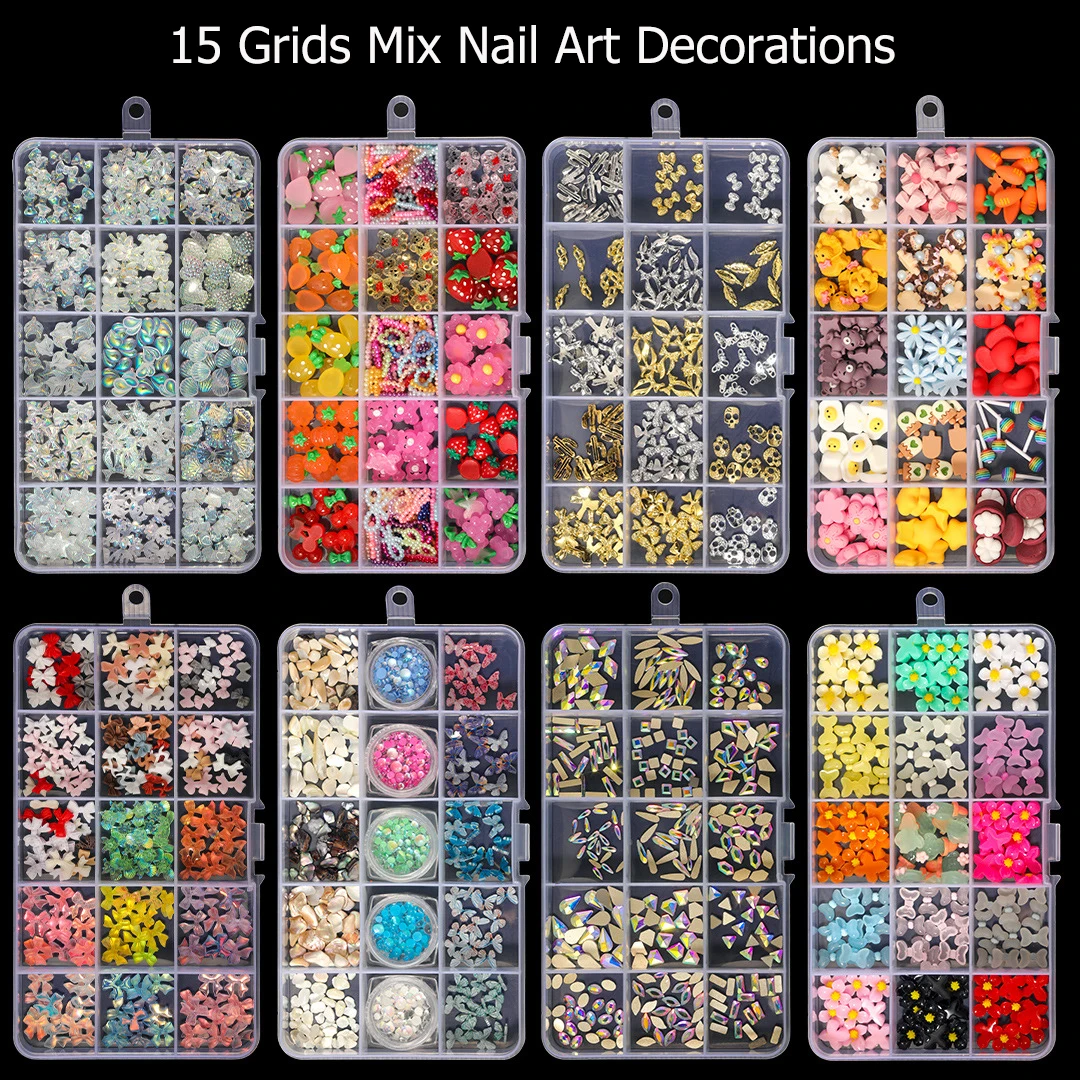 

15 Grids Mix Aurora Butterfly Various Cartoon Fruit Dessert Bowknots Flowers Nail Art Rhinestones Decorations Manicures Charms