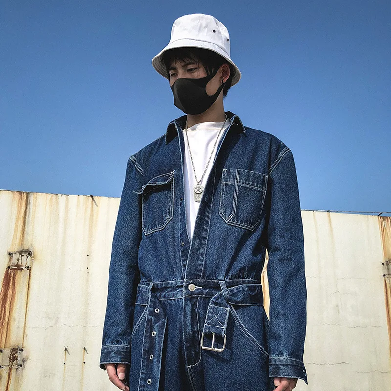 Vintage Jeans Loose Cargo Wide-leg Jeans Japan Korea Blue Denim Jumpsuit Pockets Belt High Street Overalls Trendy Wear