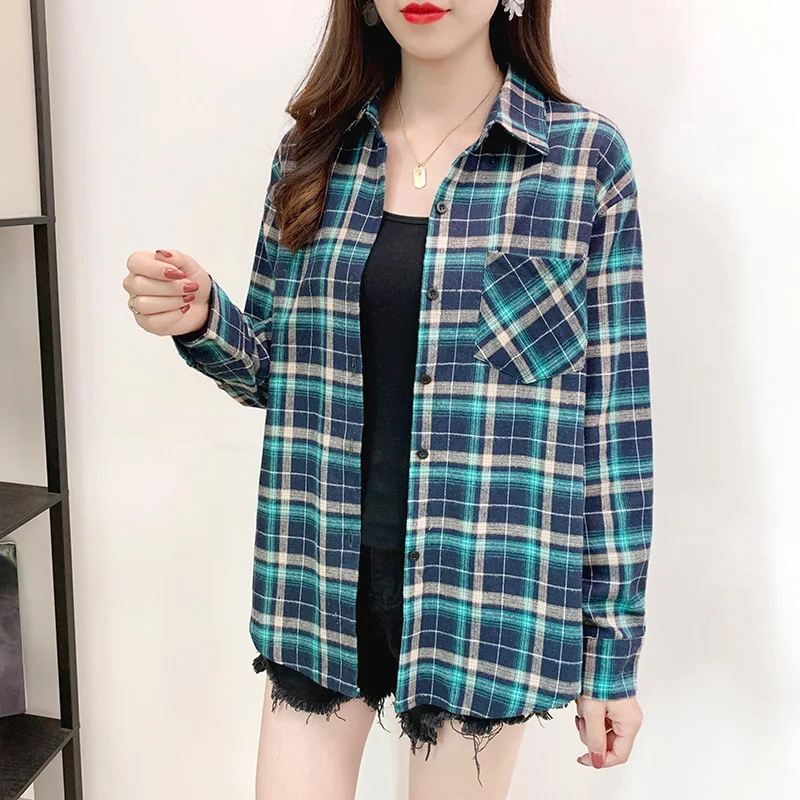 Блузка женская свободного кроя в клетку клетчатая хлопковая рубашка с длинным