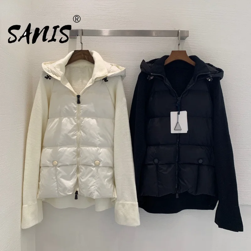 Sanis 2021 Autumn Spring Mid Season Luxury Runway Design Hooded Knitted Down Front Loose Wide Cardigan coats  jacket women