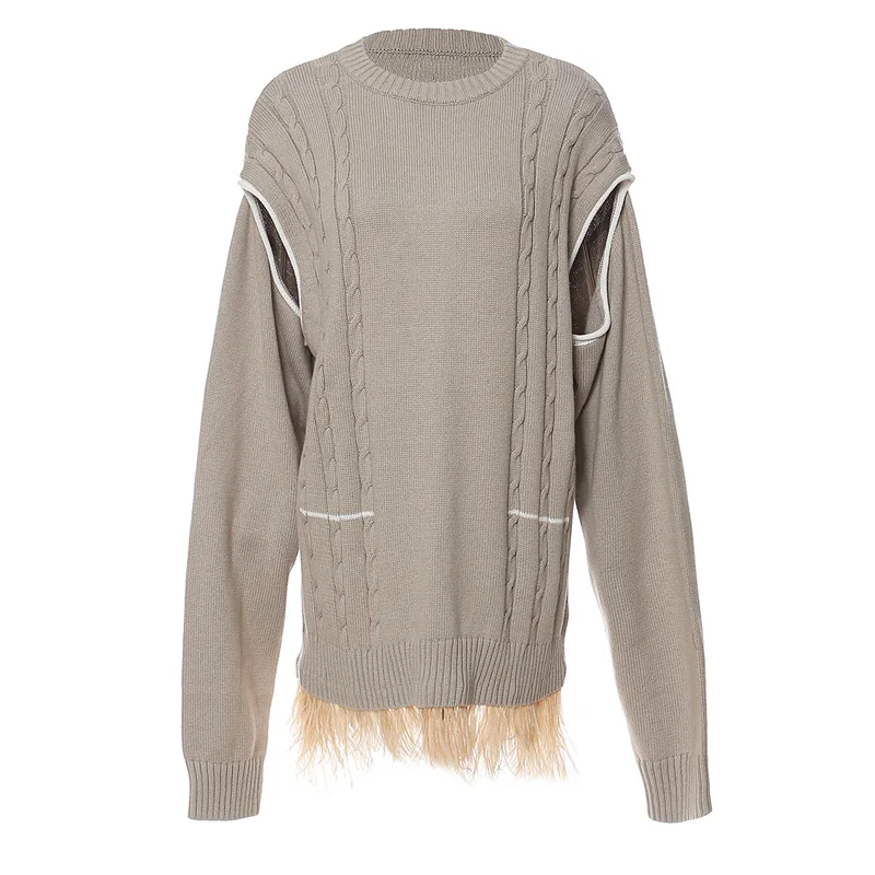 

SuperAen Autumn Winter 2022 Hollow Out Ostrich Hair Splice Korean Sweater Pullover Coat for Women