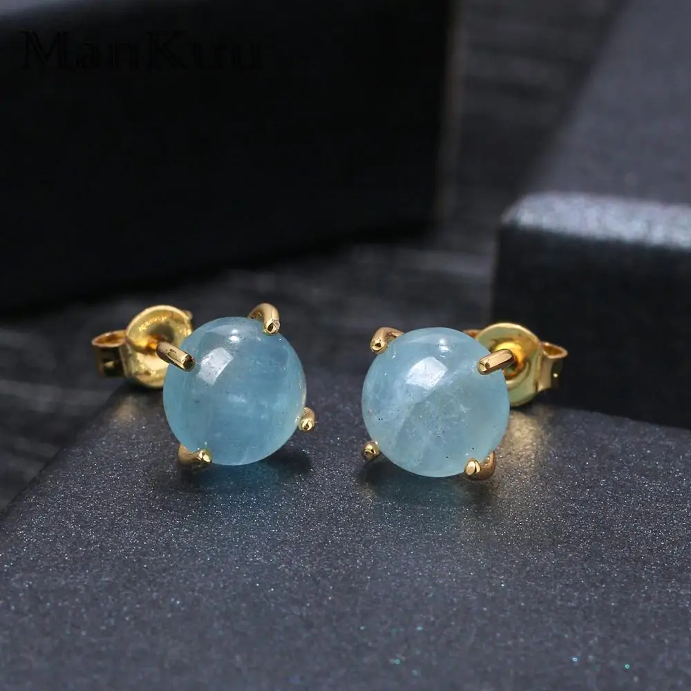 Женские серьги-гвоздики из серебра 925 пробы с натуральным аквамарином