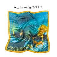 100 mulberry silk fashion lake blue oil painting fawn silk scarf womens small square silk thin neck neck decorative scarf