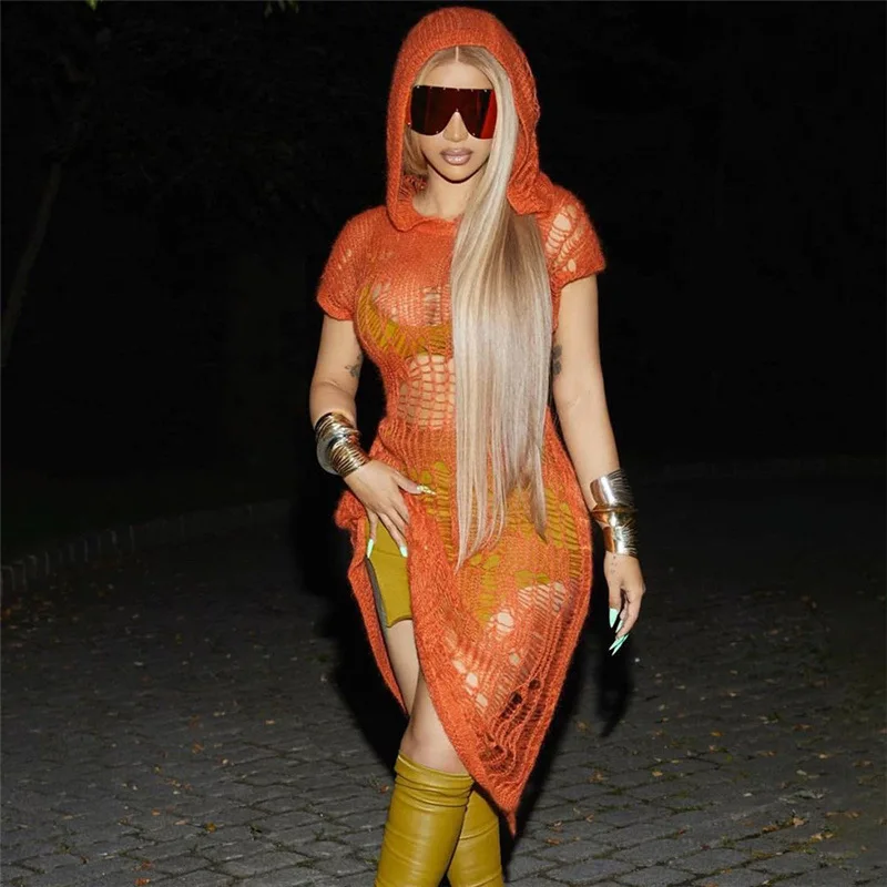 

Женское трикотажное Прозрачное платье-миди с капюшоном и коротким рукавом