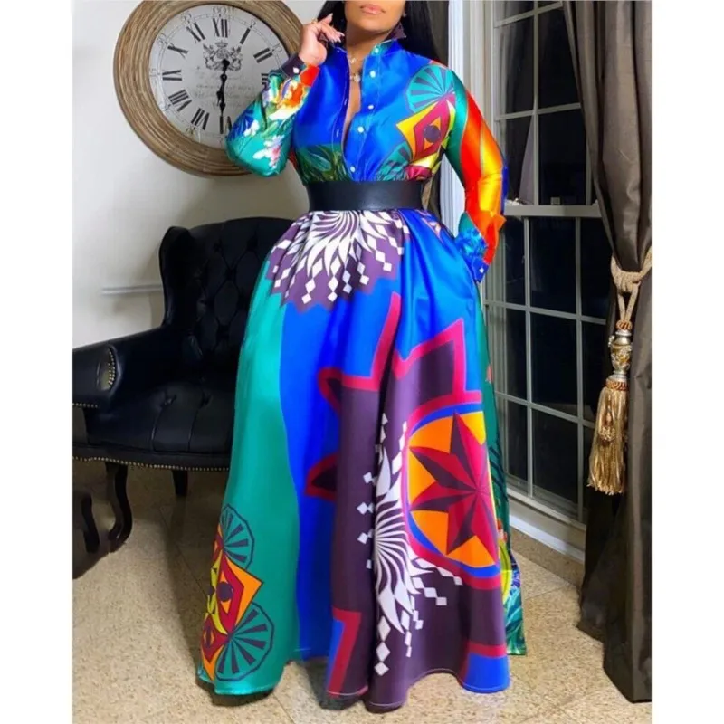 Fashion Shirt Long Dress Autumn Loose Party Muslim Abaya Big Swing African Dresses For Women Full Sleeve Button African Clothes