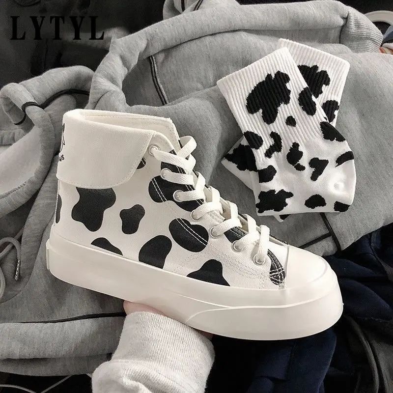 

Women's Sneakers Cow Print Kawaii Shoes Fashion Cute Lace-Up Platform Boots Ladies Casual Footwear Student Spring Autumn A1-12