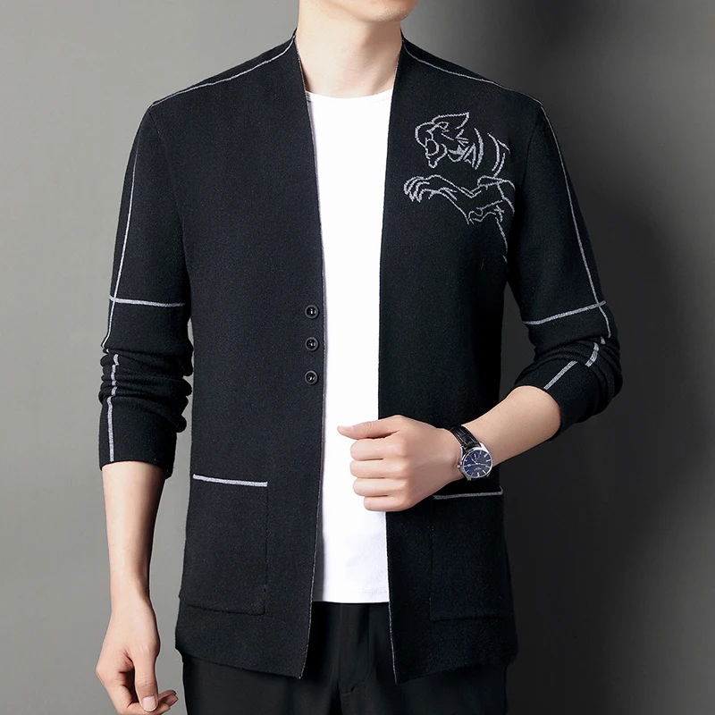 Men's Spring and Autumn Sweater Knitting Embroidery Casual Cardigan Jacket Size M-4XLV Collar Without Placket New Men's Clothing