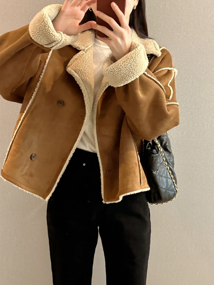 

FTLZZ осенне-зимняя женская куртка из искусственной овечьей шерсти в стиле пэчворк, кожаная куртка с лацканами, двубортное замшевое кожаное пальто