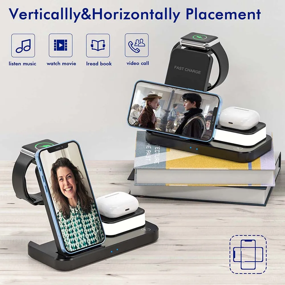 4 in 1 qi wireless charger 15w fast charging for iphone 13 12 11 pro 8 x xr xs apple watch 7 airpods 3 iwatch stand holder base free global shipping