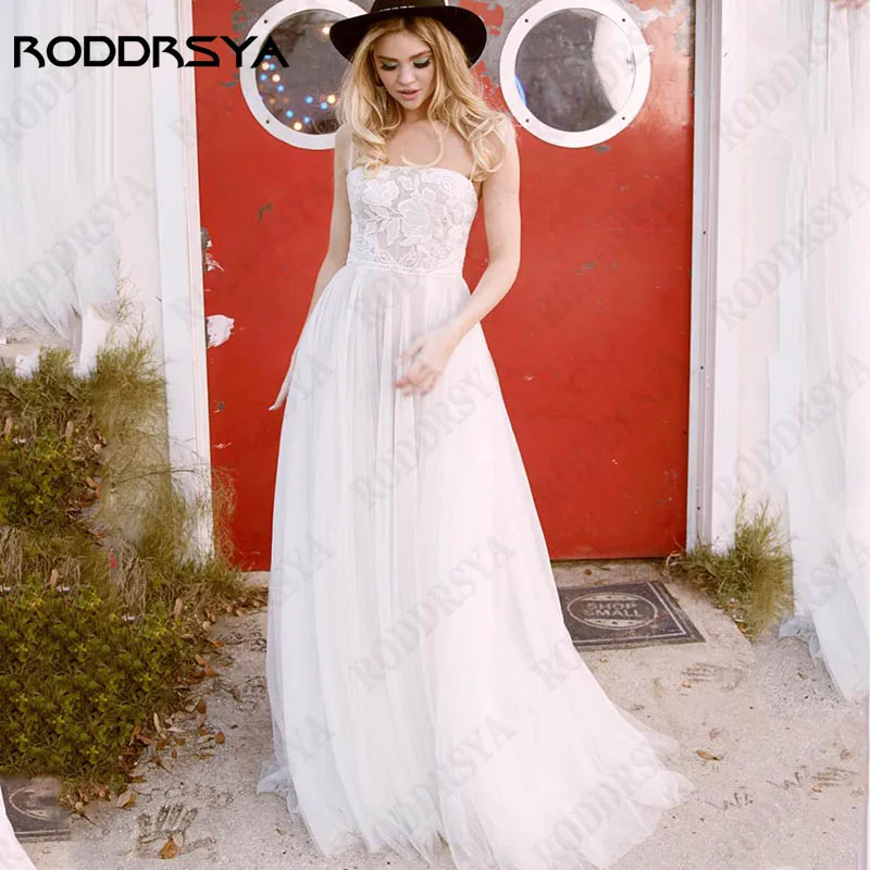 

RODDRSYA Romantic Lace Appliques Wedding Dresses For Women Open Back Tulle Bridal Party Spaghetti Straps A-Line Vestido De Noiva