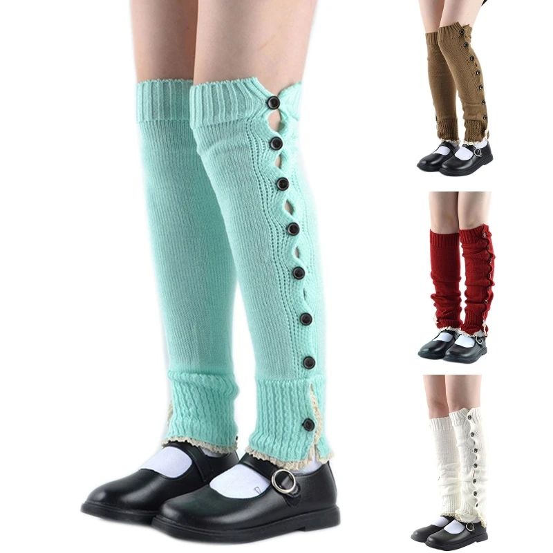 

Women Girls Student Novelty Leg Warmers Knitted Button Down Lace Trim Knee High Footless Boot Cuff Stockings Foot Covers F3MD