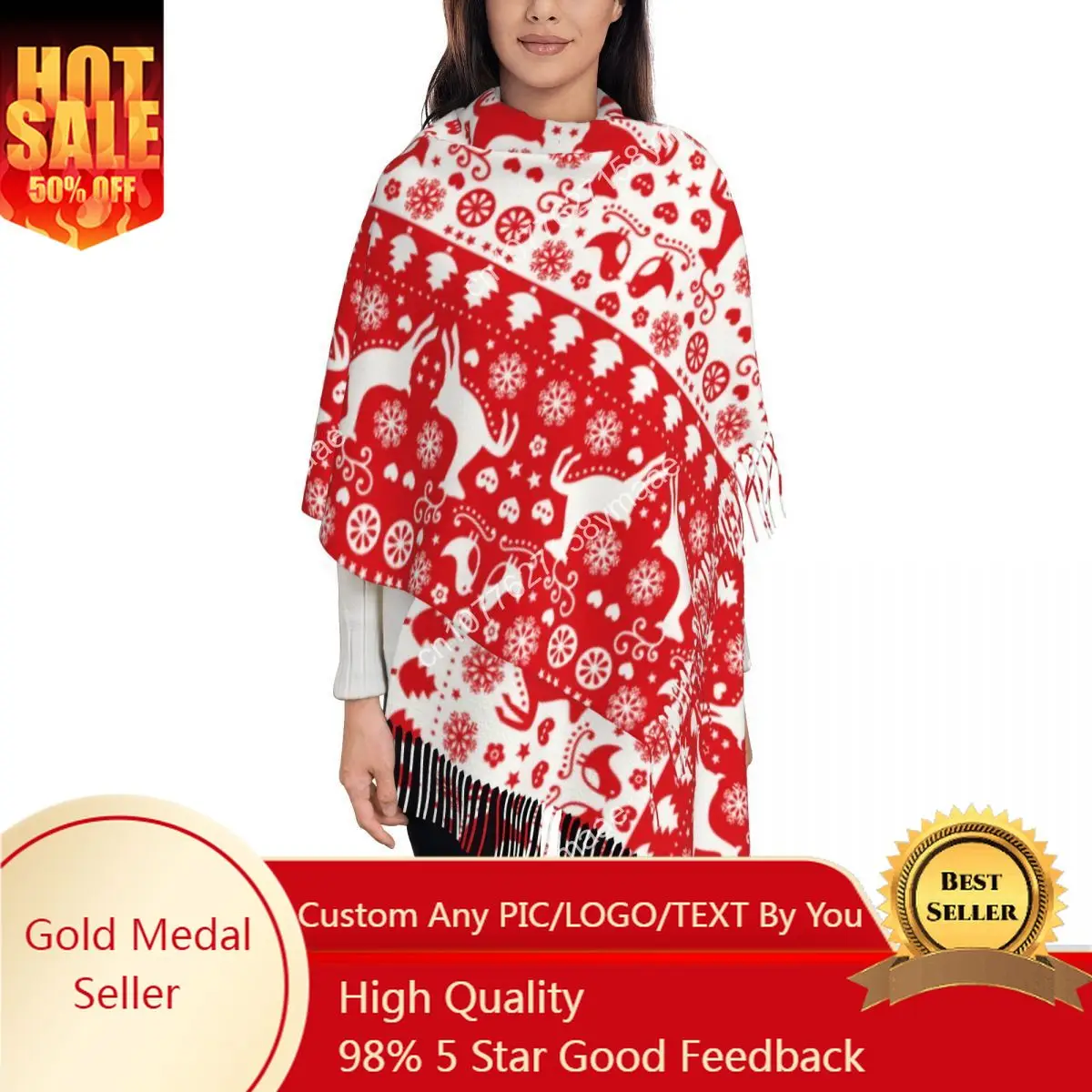 

Women's Scarf with Tassel Red Christmas Reindeer Large Soft Warm Shawl Wrap New Year Ugly Sweater Pattern Gifts Pashmina Scarves