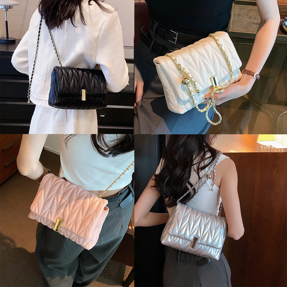 

PU Leather Flap Crossbody Bag for Women Trend Designer Chain Quilted Shoulder Underarm Bags Female Solid Lingge Chain Handbags