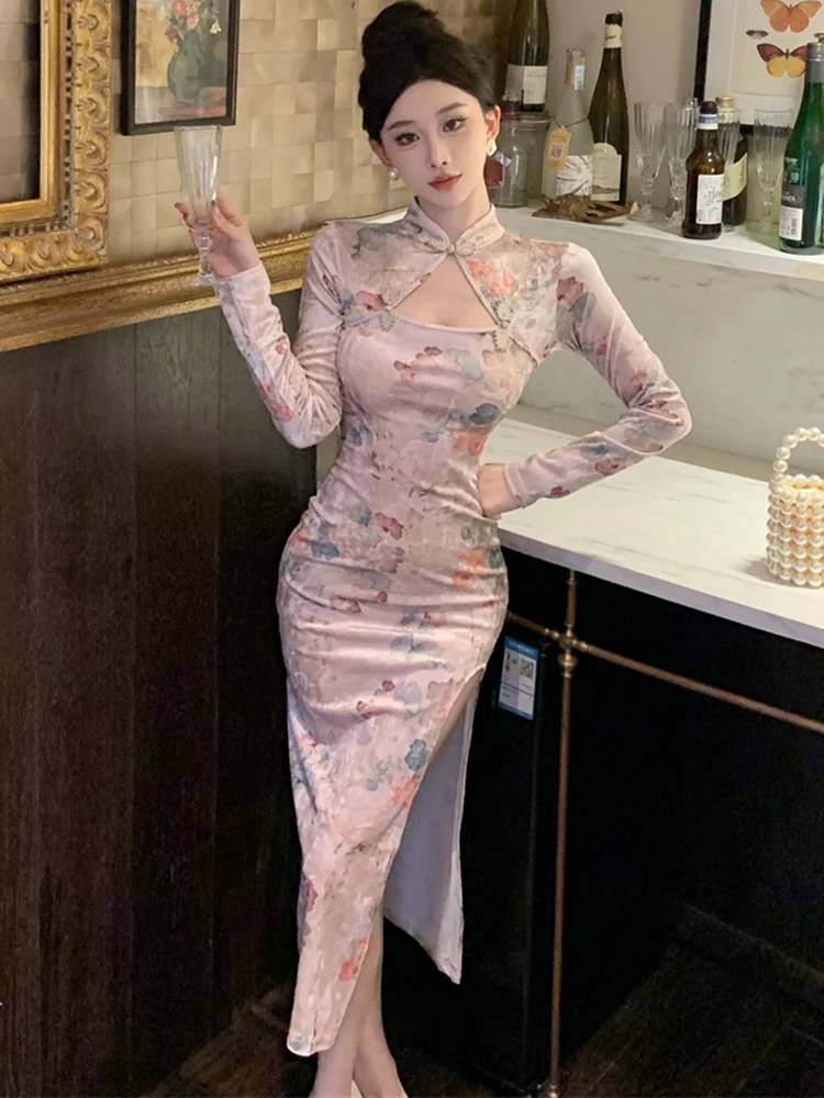 Женское платье-Ципао с длинным рукавом элегантное винтажное облегающее платье