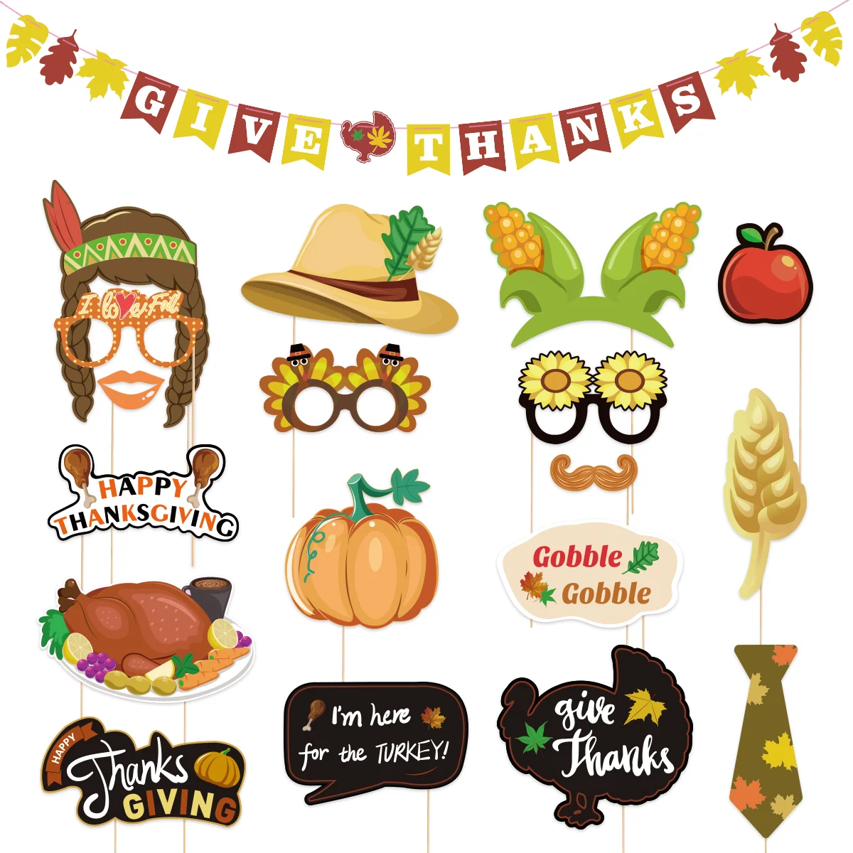 

18PCS Cardboard Mustache Funny Thanksgiving Photo Props Selfie Props for Festival