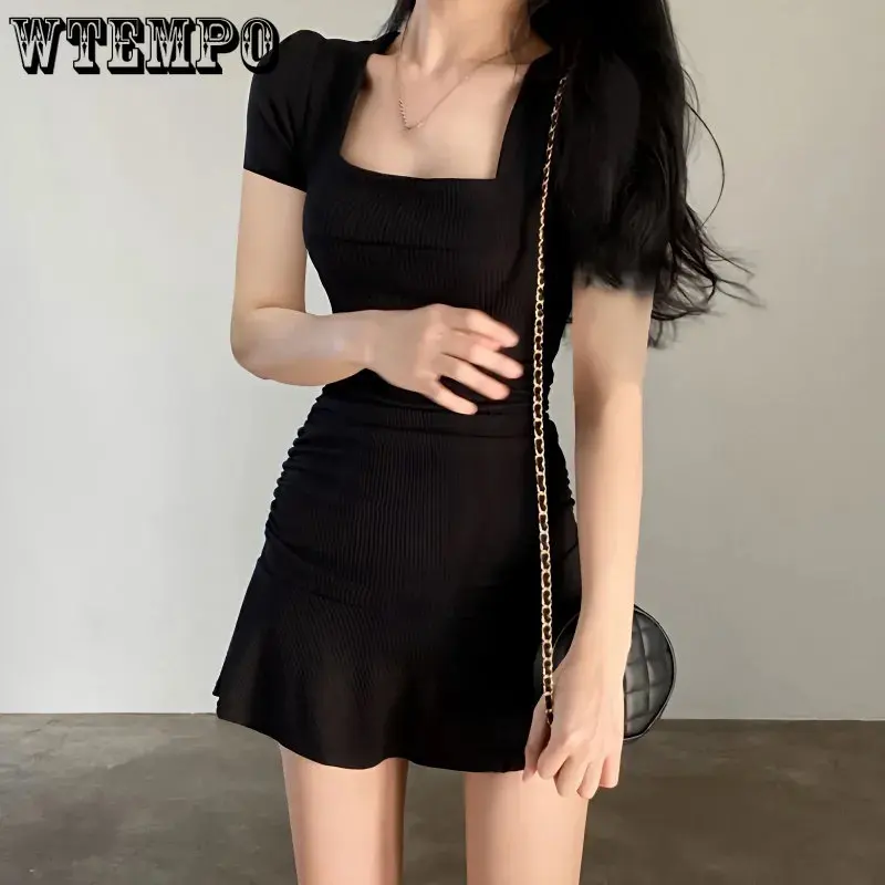 

WTEMPO Ruched Black Dress Women Square Collar Short Sleeve Slim Mini Dress Summer Korean Fashion Folds Ruffles Bodycon Sundress