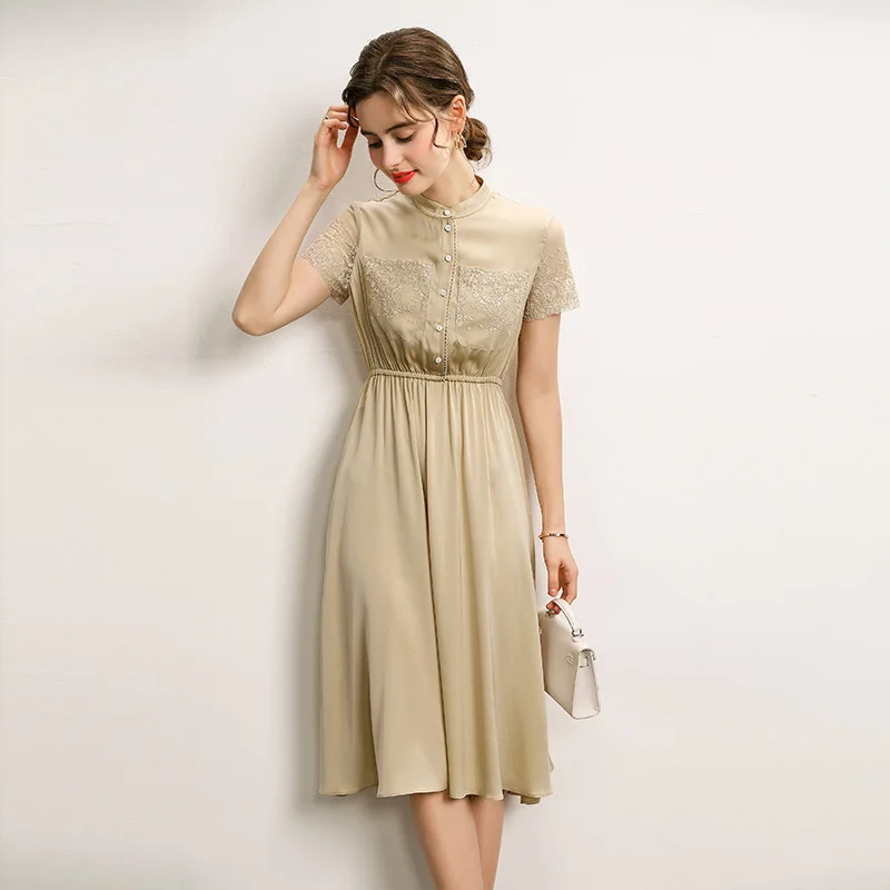 

Women Summer Real Silk Dresses Apricot Female Waist Stitching Lace Stand-up Collar Short Sleeve Mid-length Mulberry Silk Skirts