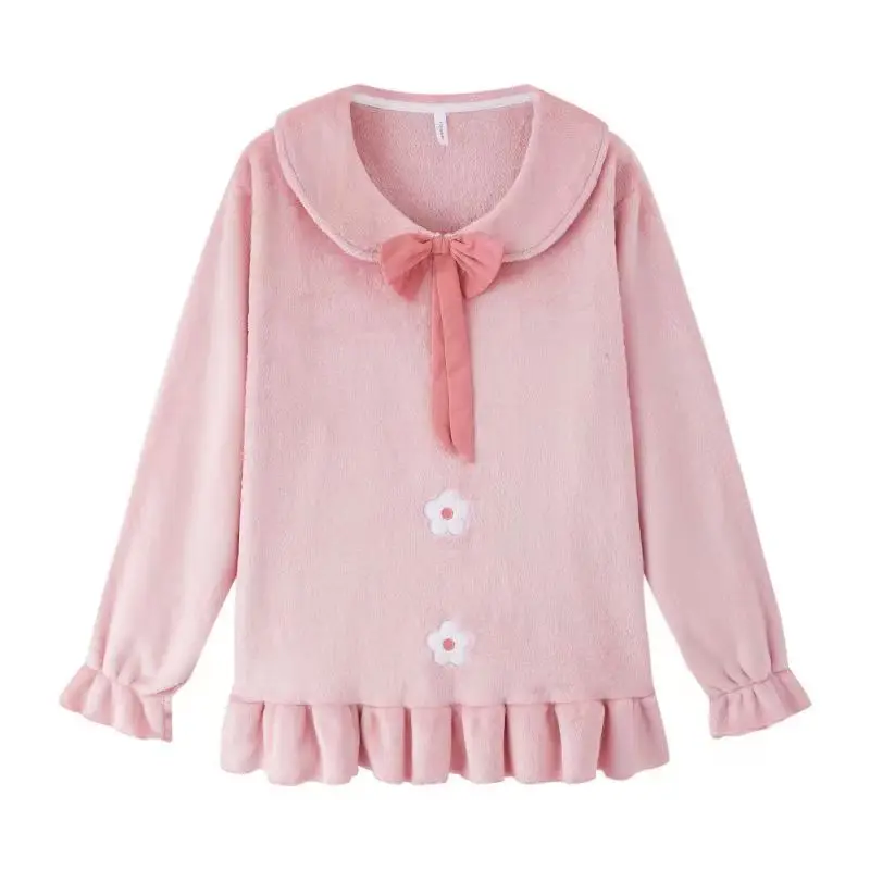 Autumn Winter Warm Flannel Pajamas for Women Students Cute Velvet Thicken Loose Sleepwear Set Coral Velvet Floral Pajamas